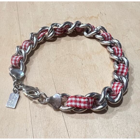 Tommy Hilfiger Red White Gingham Check Ribbon Chainlink Bracelet Logo Charm - Picture 8 of 8